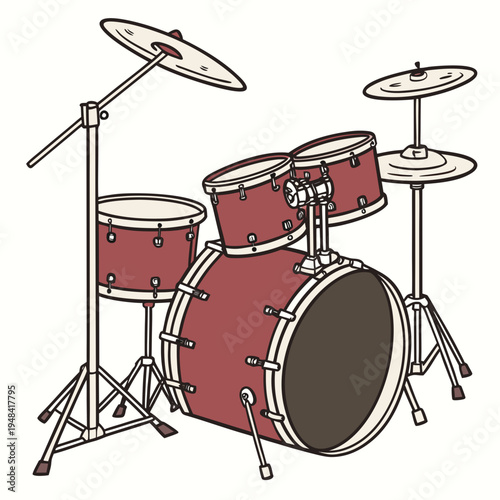 Red drum set with cymbals and stands on white background red drums music instruments
