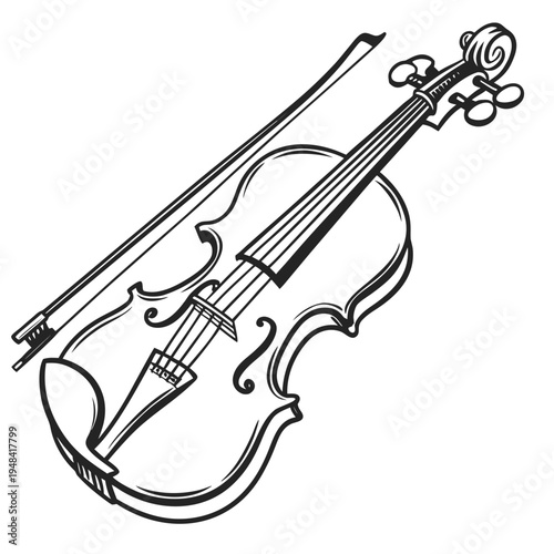 Black and white of a violin and bow on white background from different angle music instrument