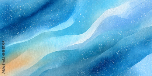 Blue ocean watercolor background with smooth flowing wave texture and artistic aqua paint illustration.