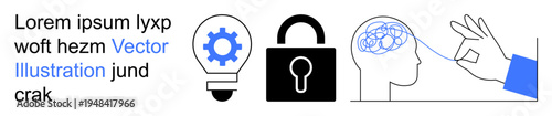 Education, innovation, cybersecurity, mental health, creativity, data protection. Image of gears in a light bulb, a lock and a brain being analyzed. Innovation and cybersecurity theme concept