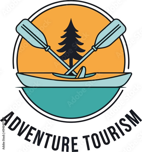 Adventure Tourism Logo Design with Canoe, Paddles, and Tree Illustration