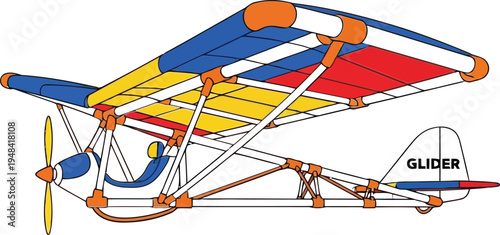 Colorful Biplane Model with Propeller and Glider Label for Aviation Art or Design