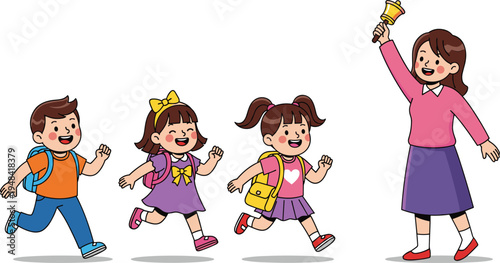 Happy cartoon teacher ringing hand bell for students with backpacks running to class, back to school, education, learning, classroom routine.