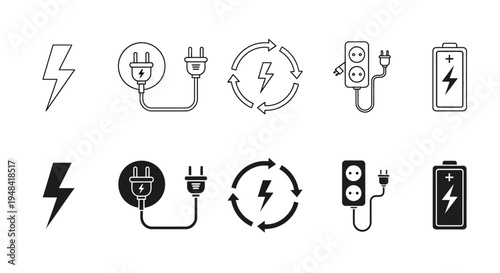 Comprehensive vector icon set depicting electrical energy, power supply, and charging concepts, featuring lightning bolts, various plugs, wall sockets, recycling symbols, and battery level indicators
