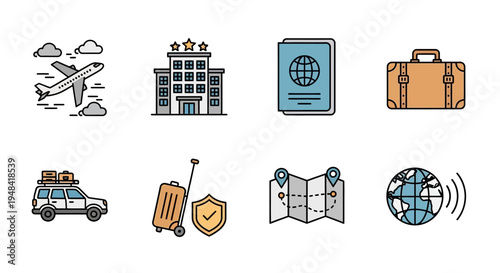 Colorful Collection of Travel and Tourism Icons for Vacation Planning, Global Journeys, and Holiday Adventures