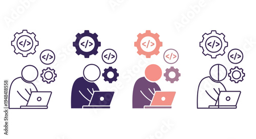 Modern vector illustration of a software developer coding on a laptop, with gears and programming symbols, representing the dynamic process of IT development and problem-solving