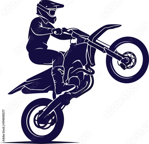 Motocross Rider Performing Wheelie Trick on Dirt Bike Vector Illustration