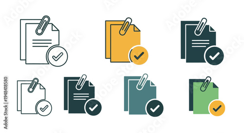Set of different colored document icons with paper clips and checkmarks representing confirmation, approval, or successful completion