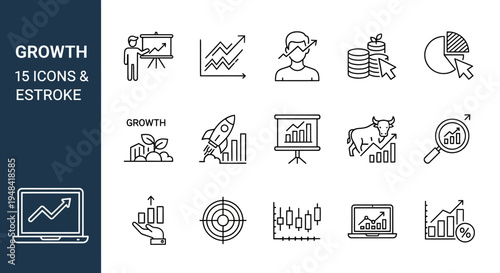 Set of 15 business growth and finance icons with editable stroke, featuring charts, graphs, investment, and success concepts for presentations and websites