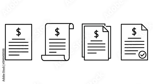 A comprehensive set of financial document vector icons, illustrating concepts of billing, invoices, payment, and transaction completion for business applications