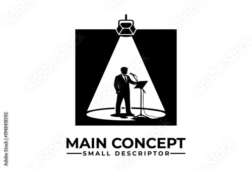 Actor performing under spotlight on stage is presented as black vector silhouette sketch engraving logo illustration on white background for World Theatre Day performing arts emblem