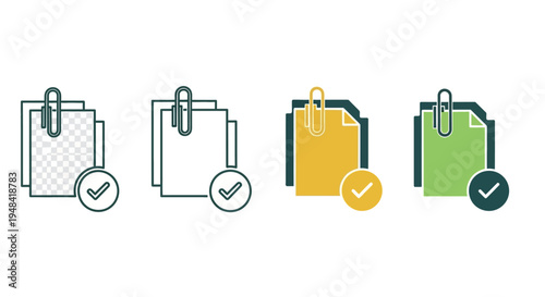 Collection of four distinct vector icons depicting attached documents with success checkmarks, ideal for digital interface design and status confirmations