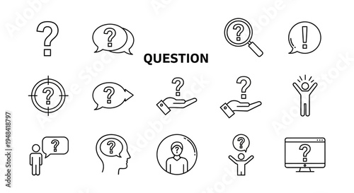 Comprehensive vector line icon collection illustrating concepts of questioning, problem-solving, thoughtful inquiry, and seeking solutions for effective communication
