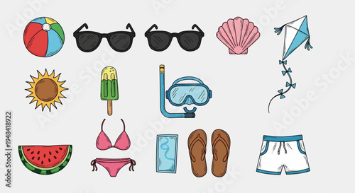 A delightful assortment of vibrant summer vacation essentials and beach day accessories, perfect for a sunny holiday escape. Colorful hand-drawn style icons for leisure activities