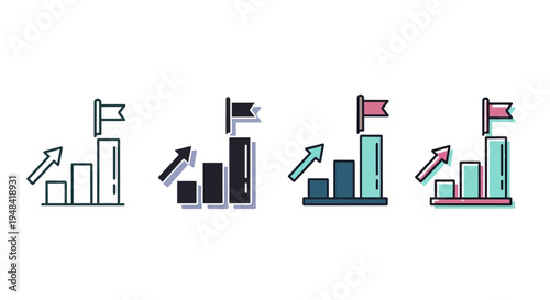 Set of four colorful growth chart icons with upward trending bars and flags symbolizing success and achievement in business or personal development