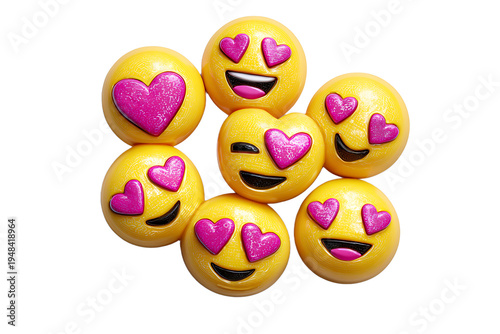 A group of yellow emojis with pink hearts on transparent background
