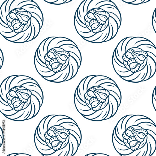 Round cheesecake pattern with strawberries on puff French pastry, simple Mediterranean blue style, Minimalist French pastry repeat for cafe wallpaper or menu design