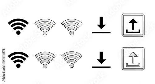 Set of Wi-Fi signal strength icons and upload/download symbols on a white background