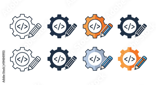 Collection of versatile vector icons illustrating coding and programming development processes, encompassing system settings, configuration, and customization for modern software applications