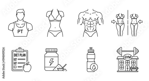 Essential Vector Icons for a Complete Fitness Journey, Highlighting Personal Training, Body Transformation, Nutritional Planning, and Gym Elements