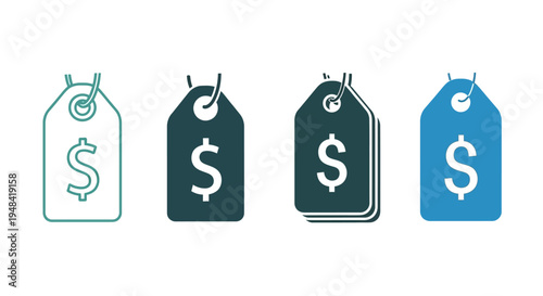 Dynamic collection of graphic price tag icons, each featuring a dollar symbol, ideal for illustrating retail sales, product pricing, discount offers, and e-commerce business concepts