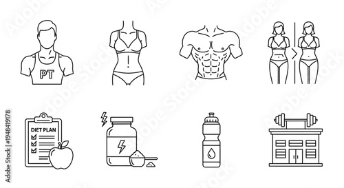 Fitness icons representing healthy lifestyle choices including body types, nutrition, and gym equipment for wellness and exercise