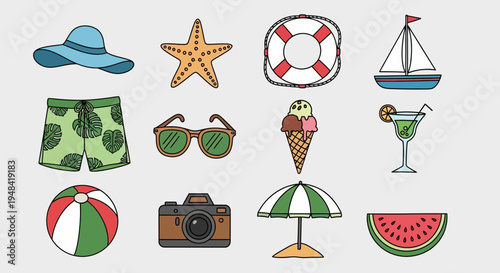 Vibrant Summer Collection of Beach and Vacation Icons A Visual Assortment of Leisure and Outdoor Activities