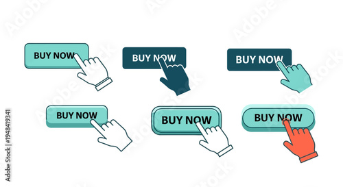 Set of six modern 'Buy Now' buttons with hand cursors clicking, ideal for e-commerce websites and online shopping applications to encourage digital transactions