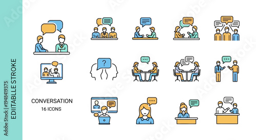 Dynamic set of communication line icons showcasing diverse conversations, productive discussions, and effective online interaction, symbolizing connection and the exchange of ideas
