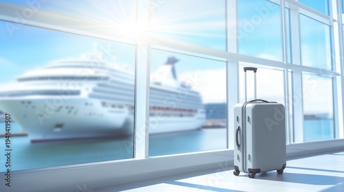 Embark on your dream voyage: a modern gray suitcase standing in a bright cruise terminal with a massive luxury liner docked outside, perfect for vacation planning and maritime travel themes