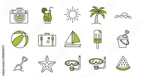 Summer vacation icons including camera, cocktail, sun, palm tree, sailboat, beach ball, suitcase, popsicle, bucket, shovel, starfish, snorkeling mask, and watermelon slice