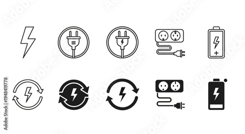 Comprehensive vector icon set showcasing essential energy concepts and power solutions, including electric plugs, charging batteries, and lightning bolt symbols, ideal for illustrating 