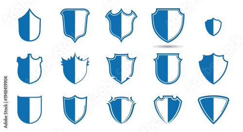 Collection of various blue and white shield emblems, badges, and crests for protection, security, or heraldry symbols