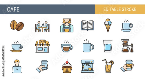Collection of icons representing a coffee shop, including coffee beans, drinks, food, and staff, perfect for graphic design projects