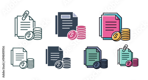 Various financial icons representing documents and money, ideal for business and accounting