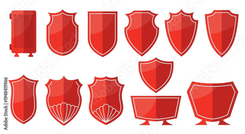Collection of red shields in various designs and styles, symbolizing protection and security