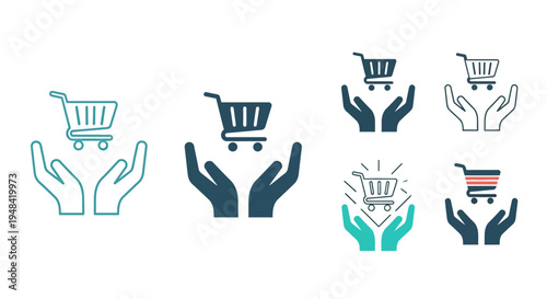 Set of shopping cart icons with hands, representing care, protection, and online shopping services for e-commerce businesses and customers