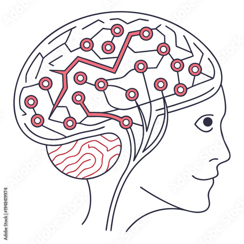 Brain with red neural connections and a human head profile