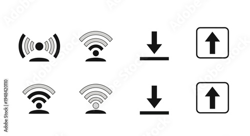 Conceptual vector icons for digital communication. Features wireless signals, upload, and download symbols, ideal for modern technology interface design