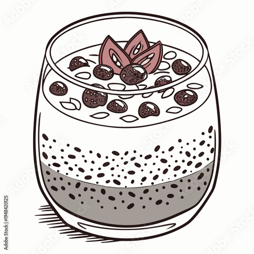 Chia seed pudding with coconut and seeds in a glass dessert
