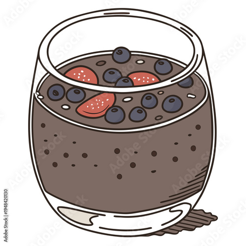 Chocolate pudding with blueberries and strawberries in a glass dessert