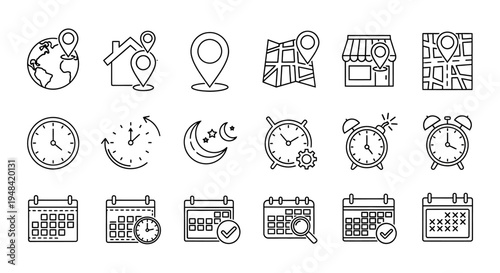 Collection of Modern Icons Representing Location, Time, and Scheduling for Digital and Print Media