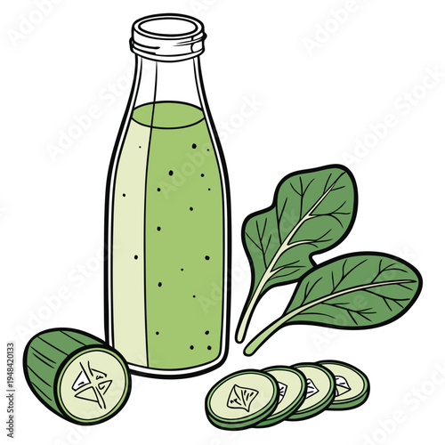 Green juice in a glass bottle with cucumber and spinach