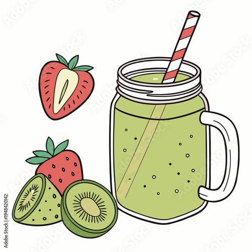 Green smoothie in a mason jar with strawberries and kiwi