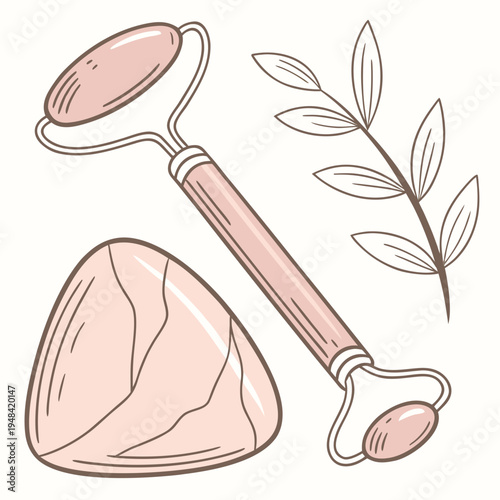 Rose quartz face roller and gua sha tools on a white background skincare beauty