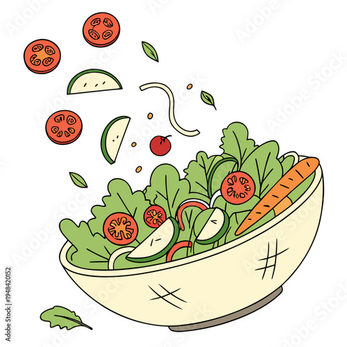 Bowl of salad with vegetables and tomatoes on white background
