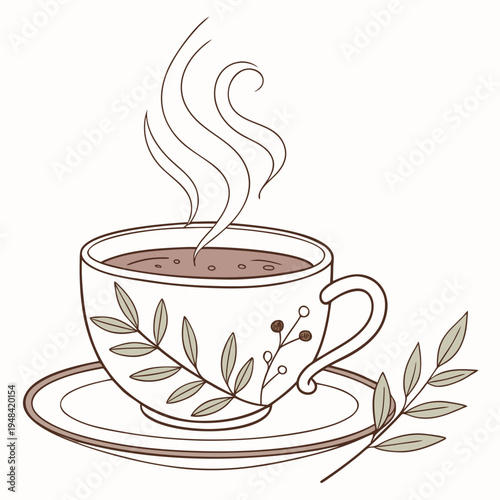 Steaming cup of coffee on saucer with leaves
