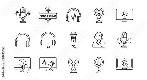 Collection of Podcast and Broadcasting Icons Microphones, Headphones, Radio Towers, and Computer Screens for Media Creation and Content Distribution