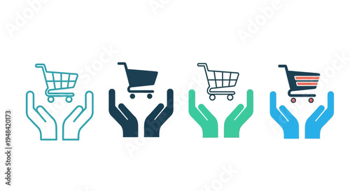 A vibrant collection of stylized icons depicting hands gently supporting shopping carts, symbolizing secure online shopping, customer care, and e-commerce support for digital retail businesses