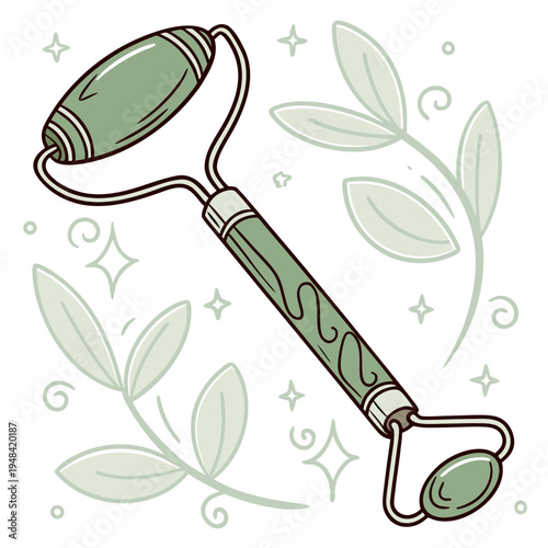 Jade roller for facial massage and skincare routine cartoon green
